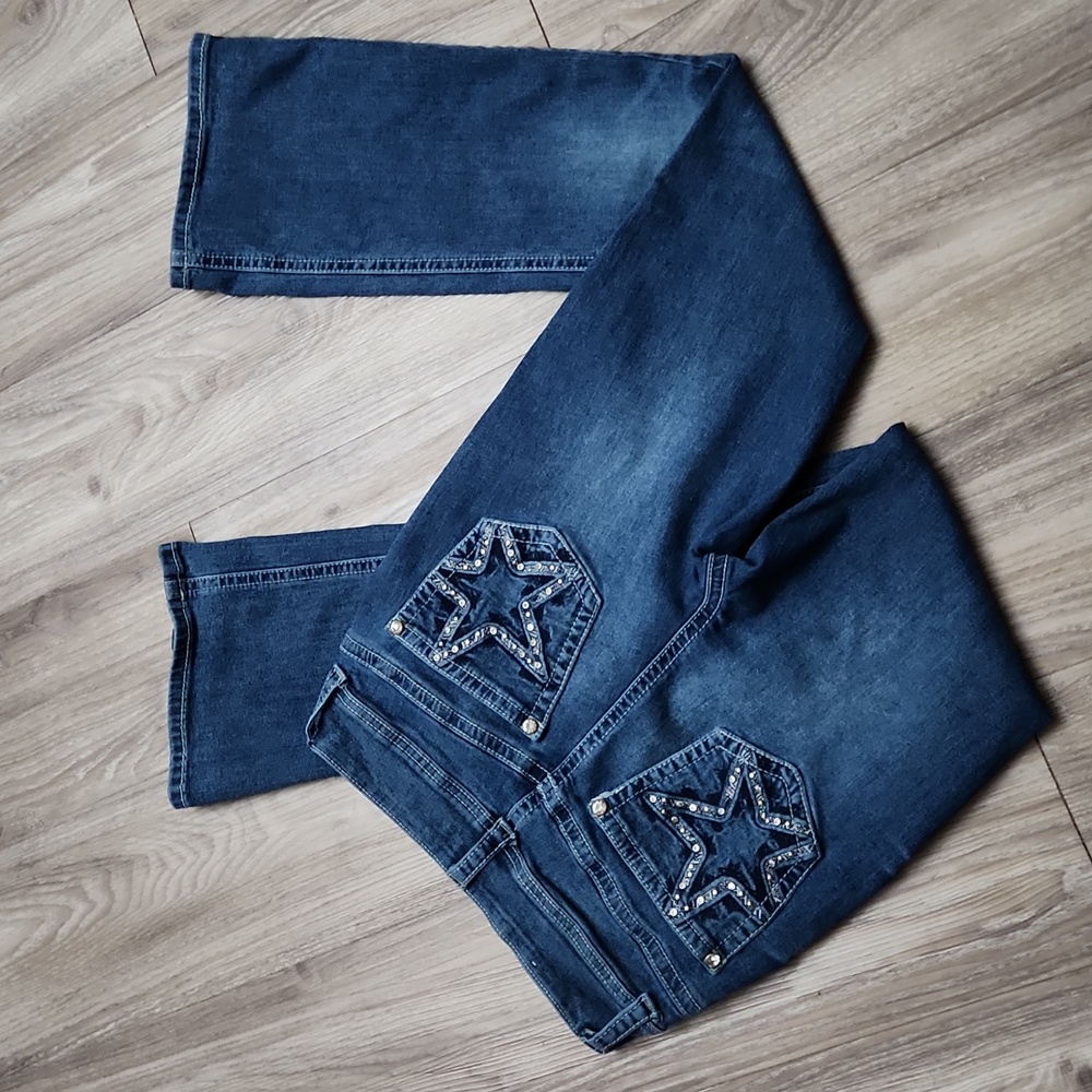 Gemma Rae Denim Bootcut Mid Rise Stretchy Embellished Star Pockets Blue Jeans 9